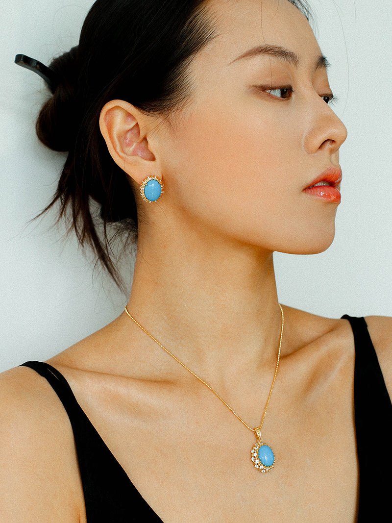 Grand Vintage Lace Blue Turquoise Hoop Earrings Regal Filigree Setting - floysun