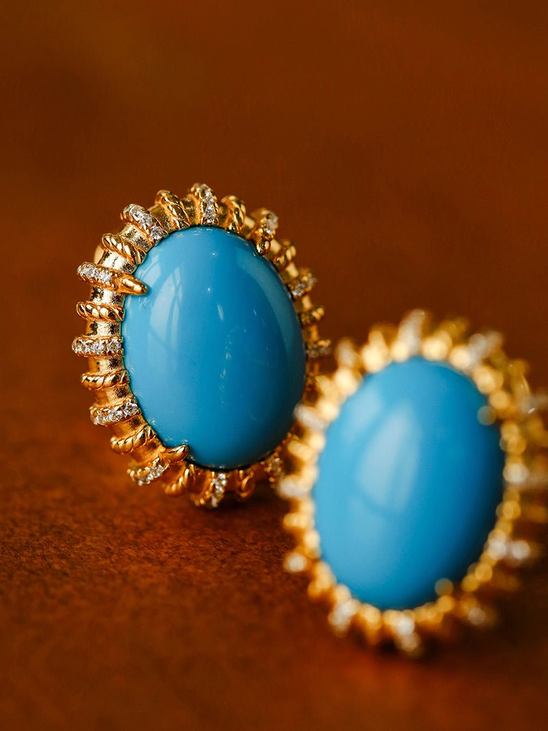 Grand Vintage Lace Blue Turquoise Hoop Earrings Regal Filigree Setting - floysun