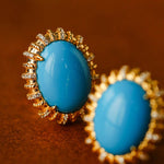Grand Vintage Lace Blue Turquoise Hoop Earrings Regal Filigree Setting - floysun