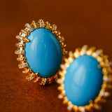 Grand Vintage Lace Blue Turquoise Hoop Earrings Regal Filigree Setting - floysun