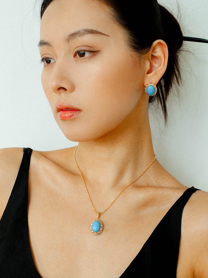 Grand Vintage Lace Blue Turquoise Hoop Earrings Regal Filigree Setting - floysun