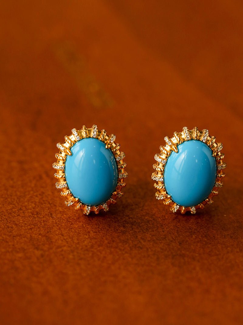 Grand Vintage Lace Blue Turquoise Hoop Earrings Regal Filigree Setting - floysun