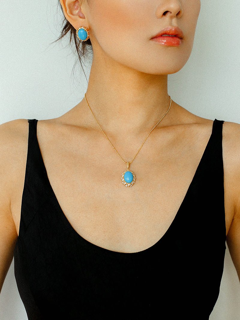 Grand Vintage Lace Blue Turquoise Pendant Multiple Diamond Settings - floysun
