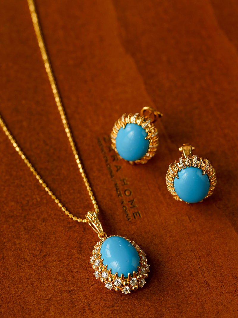 Grand Vintage Lace Blue Turquoise Pendant Multiple Diamond Settings - floysun