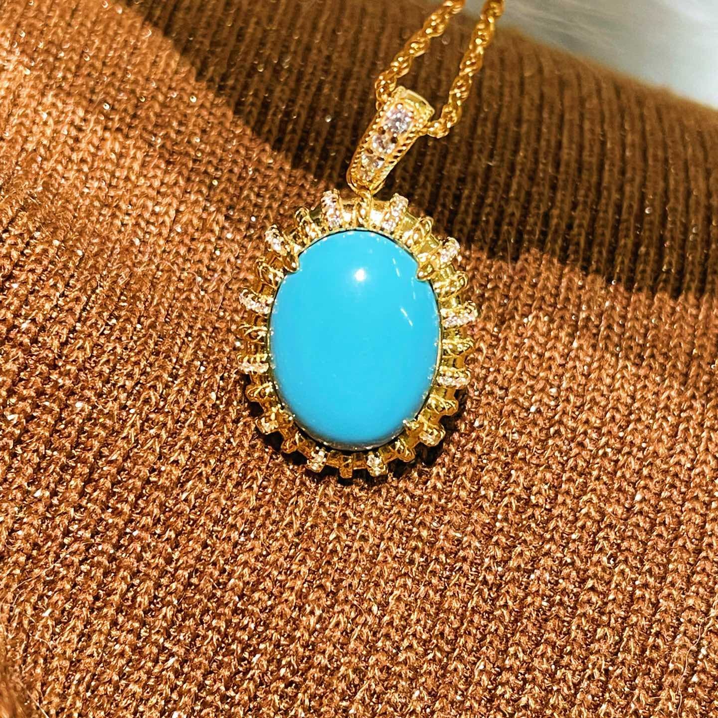 Grand Vintage Lace Blue Turquoise Pendant Necklace Regal Filigree Setting - floysun