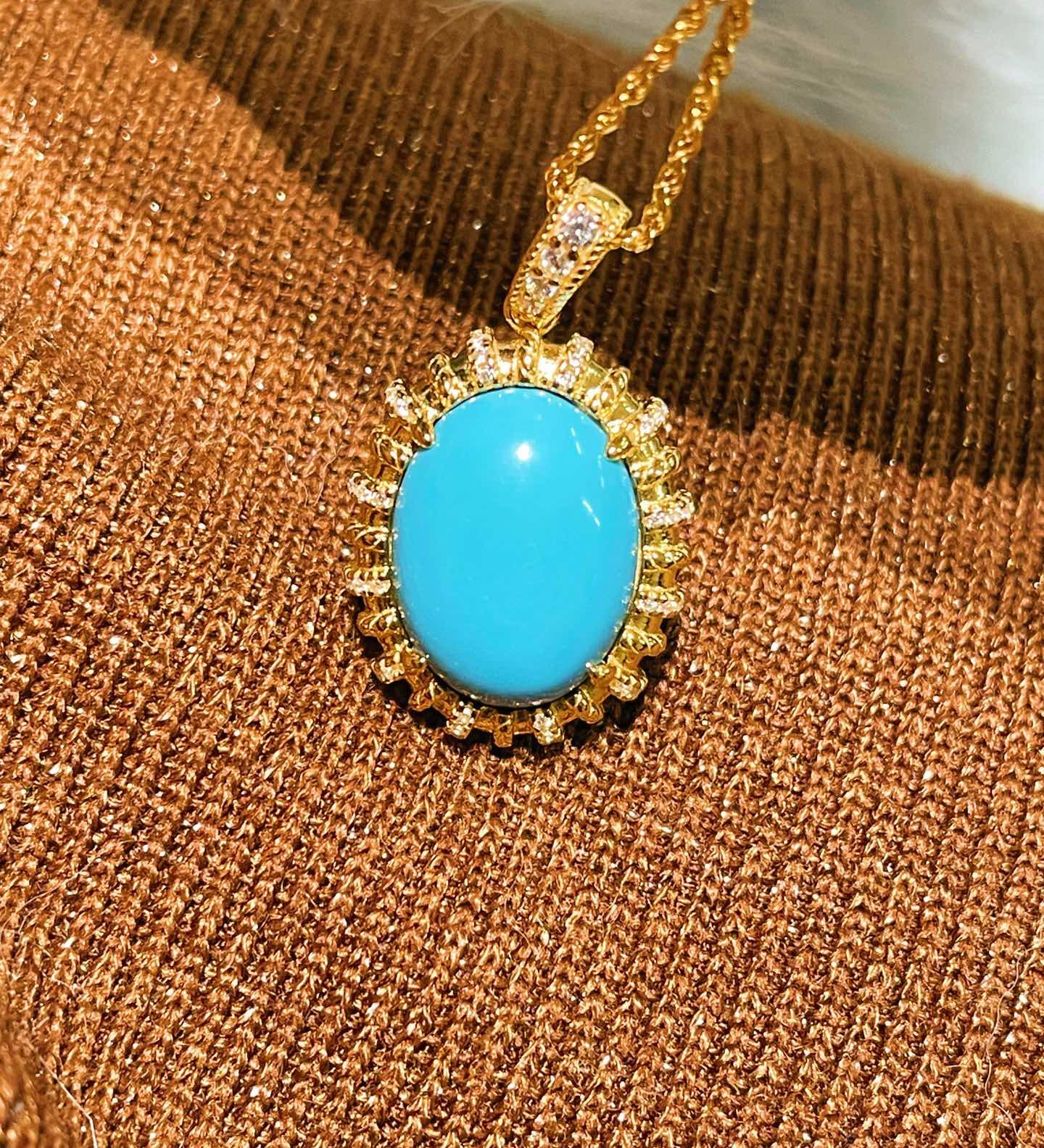 Grand Vintage Lace Blue Turquoise Pendant Necklace Regal Filigree Setting - floysun