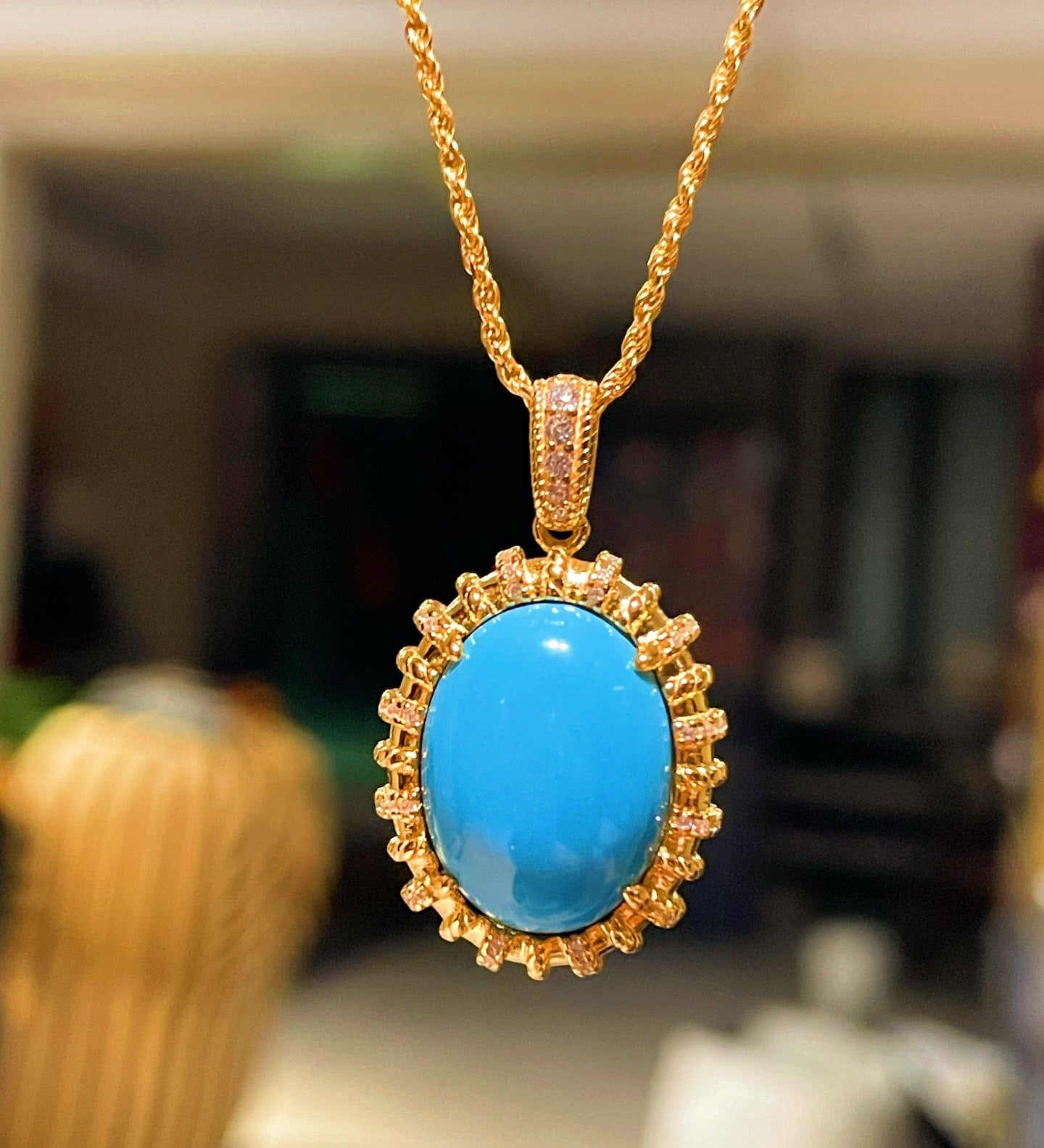 Grand Vintage Lace Blue Turquoise Pendant Necklace Regal Filigree Setting - floysun