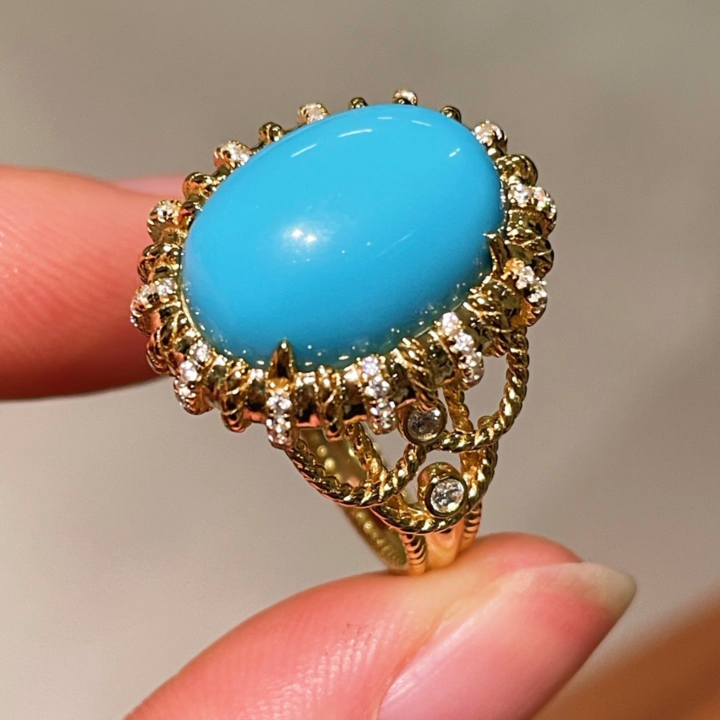 Grand Vintage Lace Blue Turquoise Ring Regal Filigree Setting - floysun