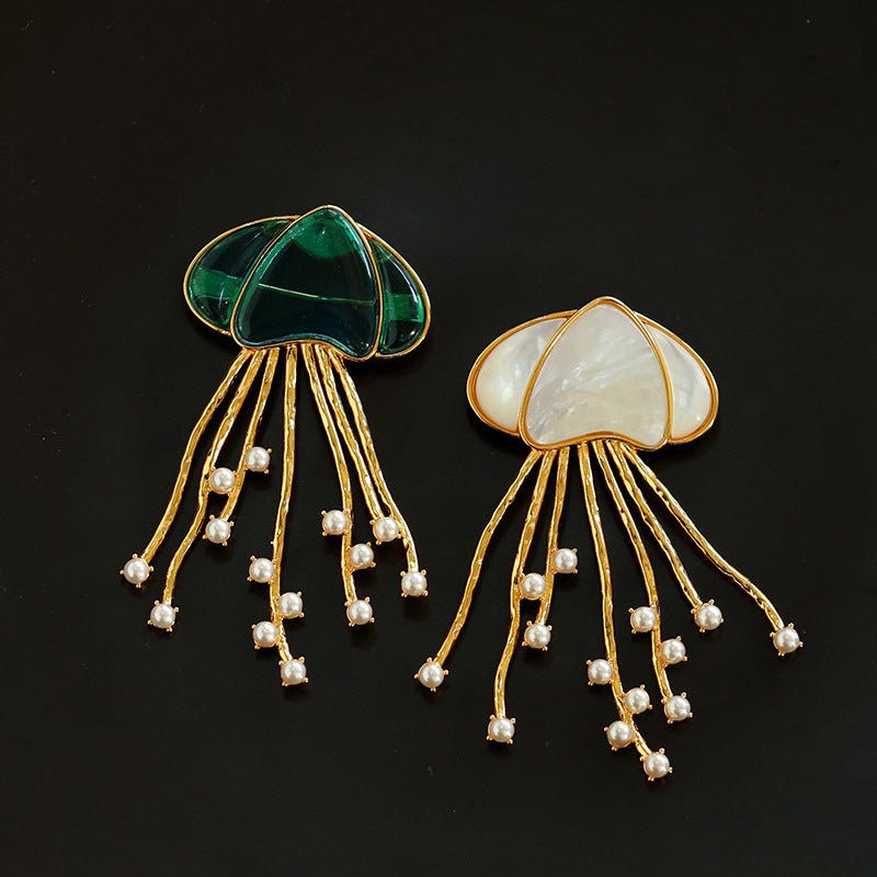 Gray & White Mother - of - pearl Glass Jellyfish Brooch - floysun