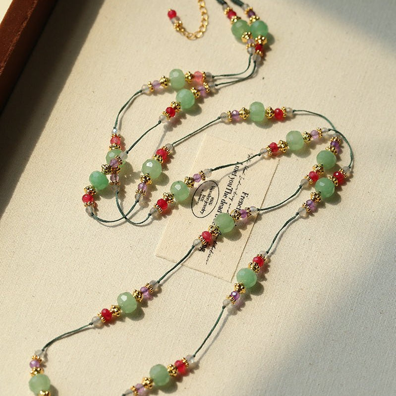 Green Aventurine Beaded Wax Cord Necklace - floysun