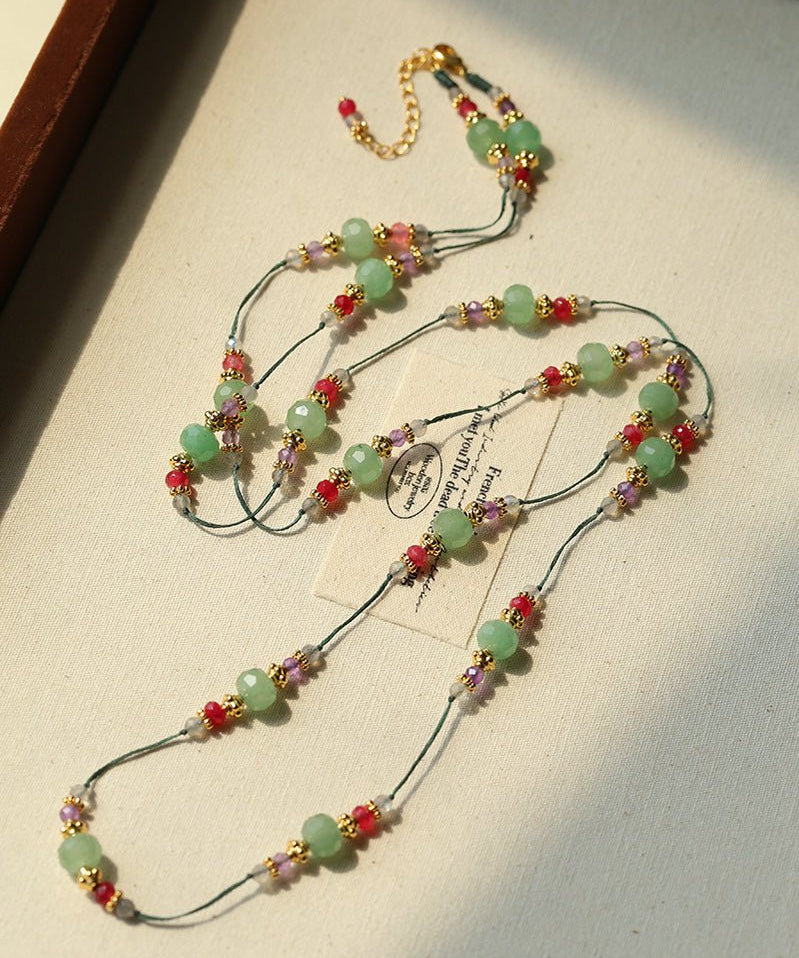Green Aventurine Beaded Wax Cord Necklace - floysun