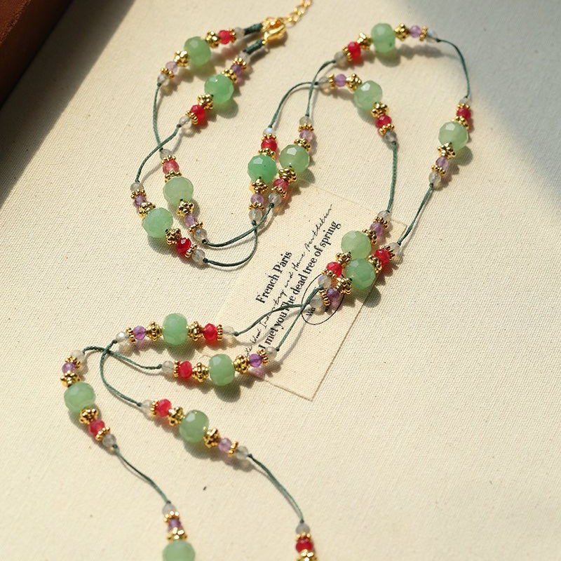 Green Aventurine Beaded Wax Cord Necklace - floysun
