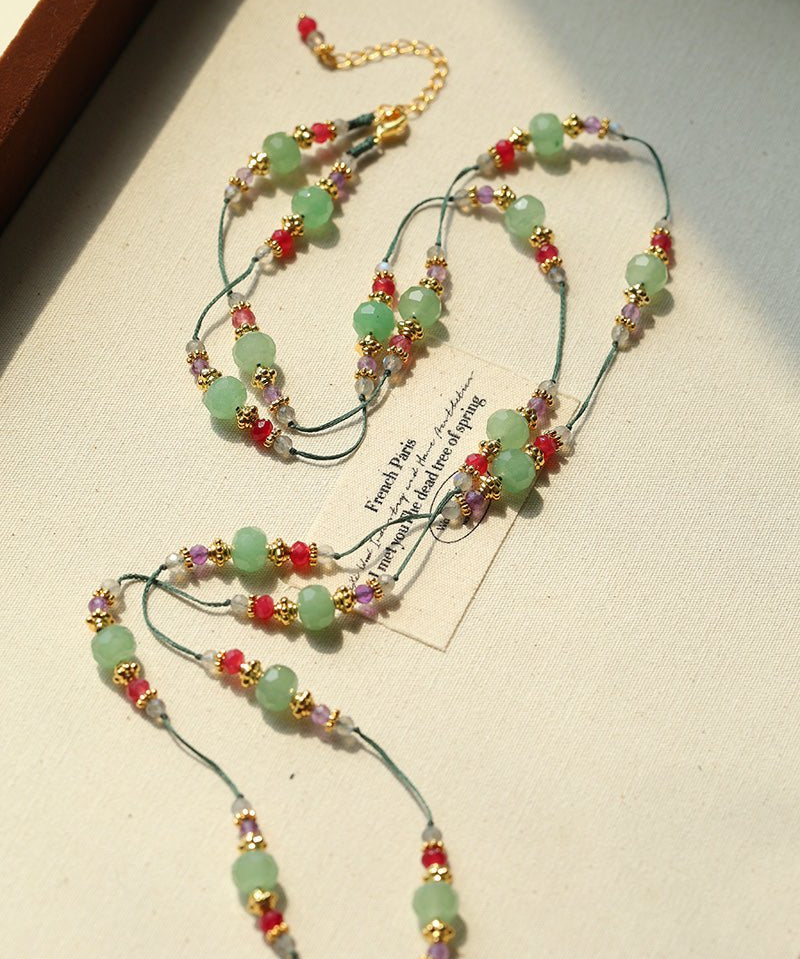 Green Aventurine Beaded Wax Cord Necklace - floysun
