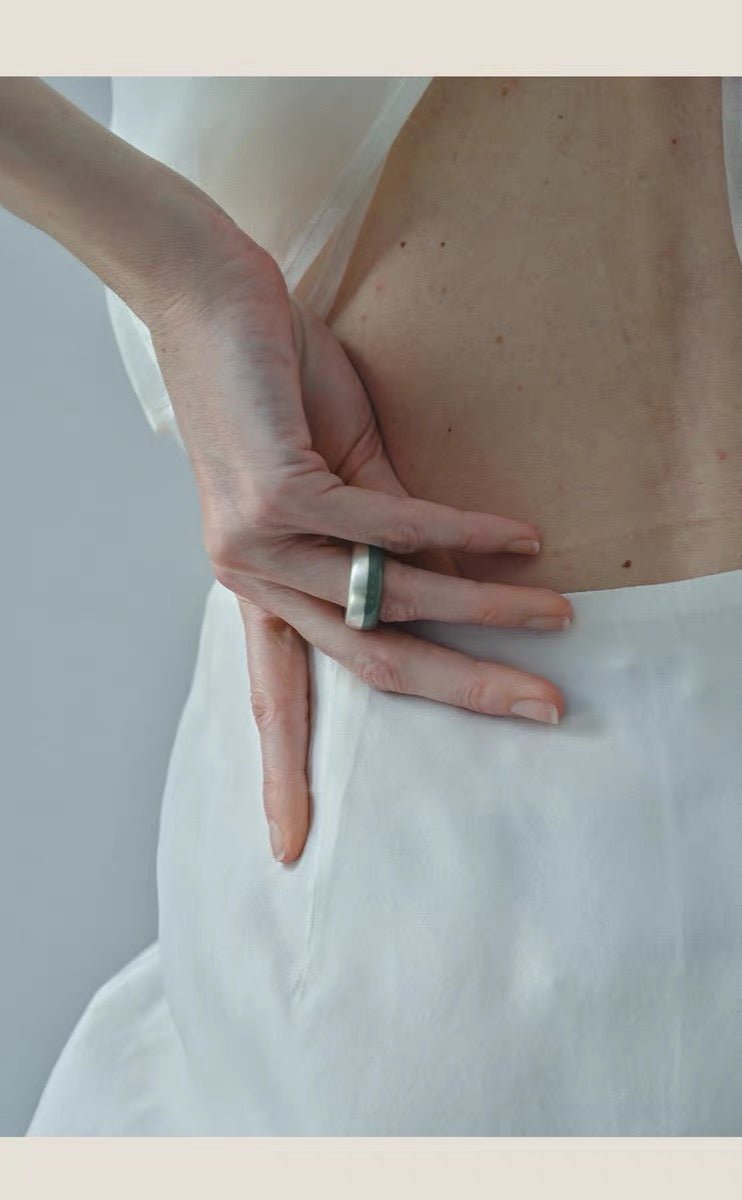 Green Aventurine Brushed Silver Band Ring | Artisan Matte Statement Ring - floysun