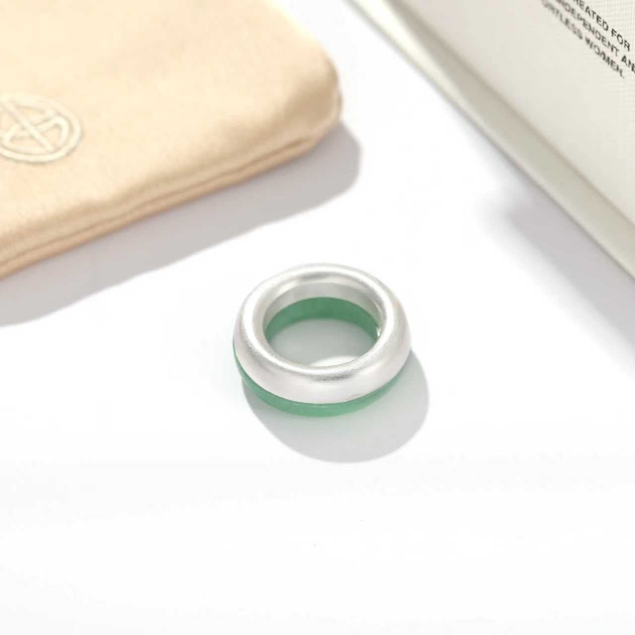 Green Aventurine Brushed Silver Band Ring | Artisan Matte Statement Ring - floysun
