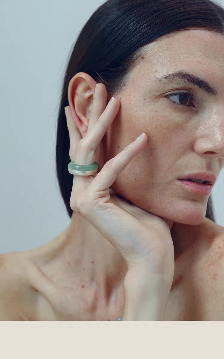 Green Aventurine Brushed Silver Band Ring | Artisan Matte Statement Ring - floysun