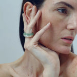 Green Aventurine Brushed Silver Band Ring | Artisan Matte Statement Ring - floysun