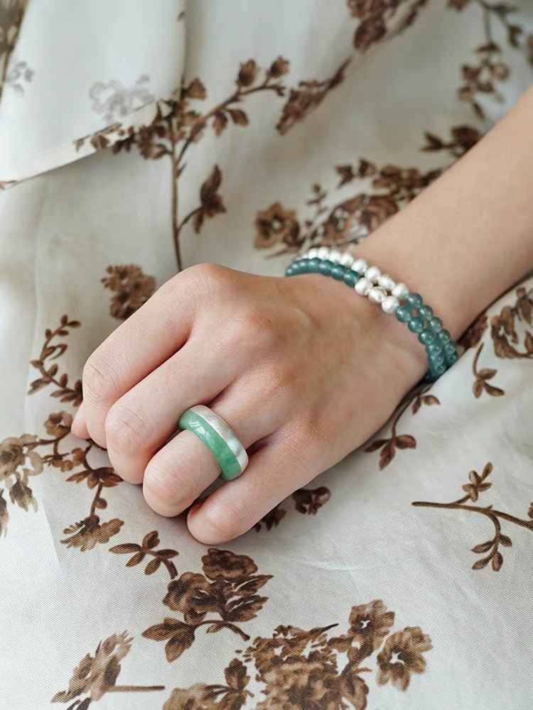 Green Aventurine Brushed Silver Band Ring | Artisan Matte Statement Ring - floysun