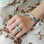 Green Aventurine Brushed Silver Band Ring | Artisan Matte Statement Ring - floysun