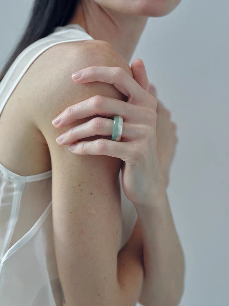 Green Aventurine Brushed Silver Band Ring | Artisan Matte Statement Ring - floysun