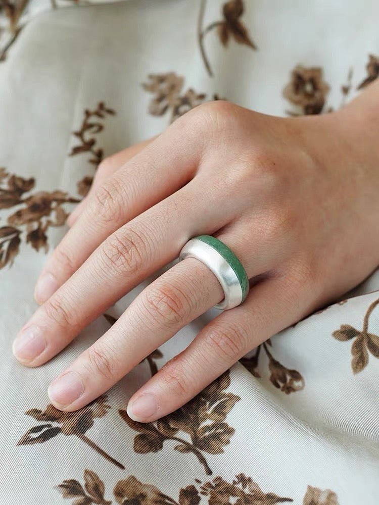 Green Aventurine Brushed Silver Band Ring | Artisan Matte Statement Ring - floysun