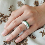 Green Aventurine Brushed Silver Band Ring | Artisan Matte Statement Ring - floysun