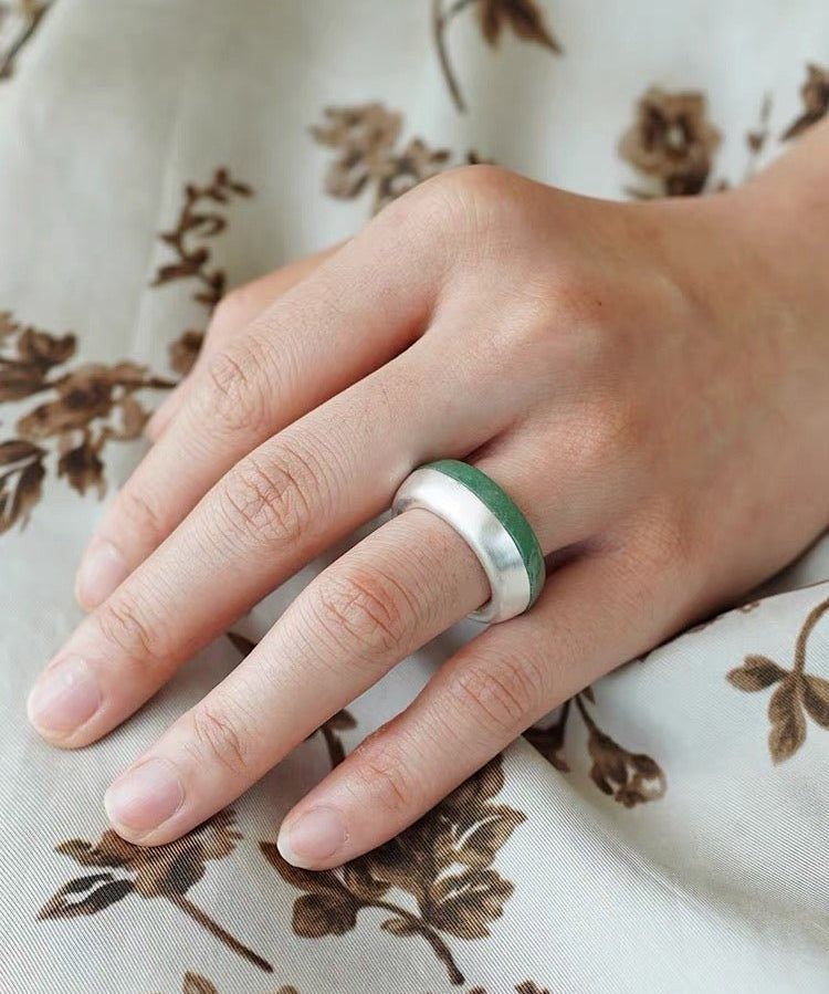 Green Aventurine Brushed Silver Band Ring | Artisan Matte Statement Ring - floysun