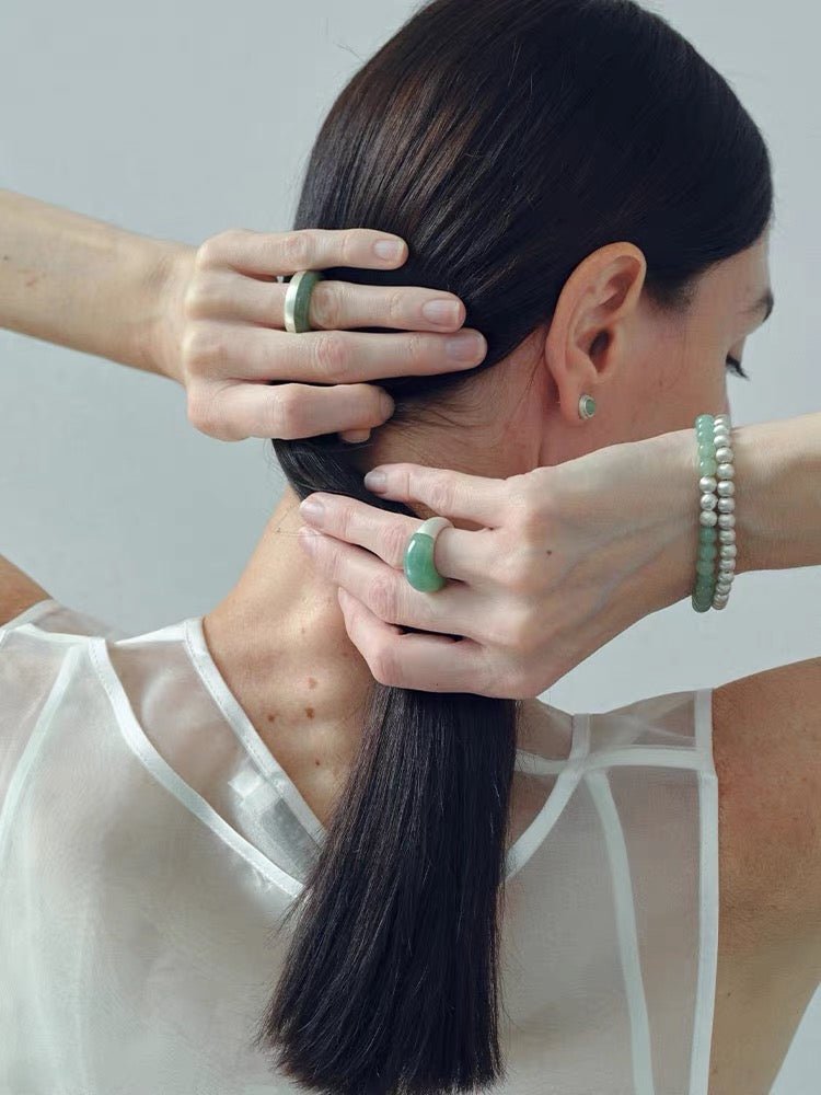 Green Aventurine Brushed Silver Band Ring | Artisan Matte Statement Ring - floysun