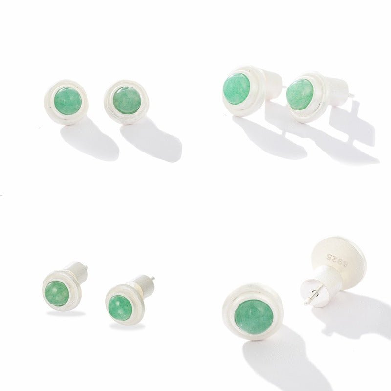 Green Aventurine Brushed Silver Stud Earrings | Minimalist Vacation Jewelry - floysun
