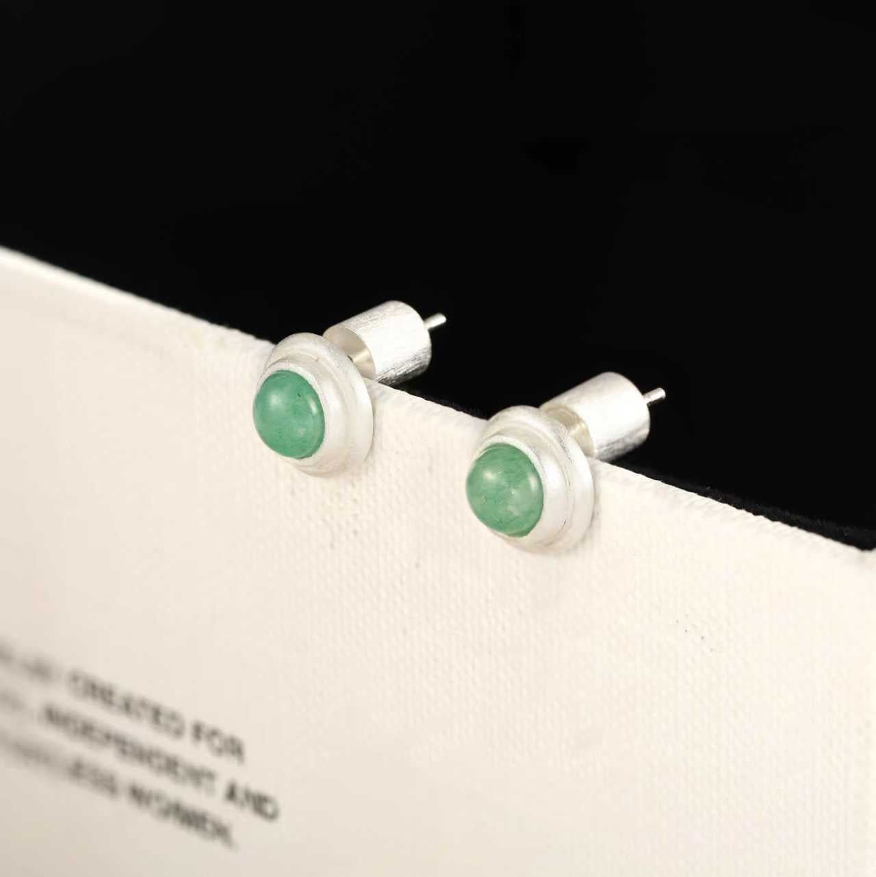 Green Aventurine Brushed Silver Stud Earrings | Minimalist Vacation Jewelry - floysun