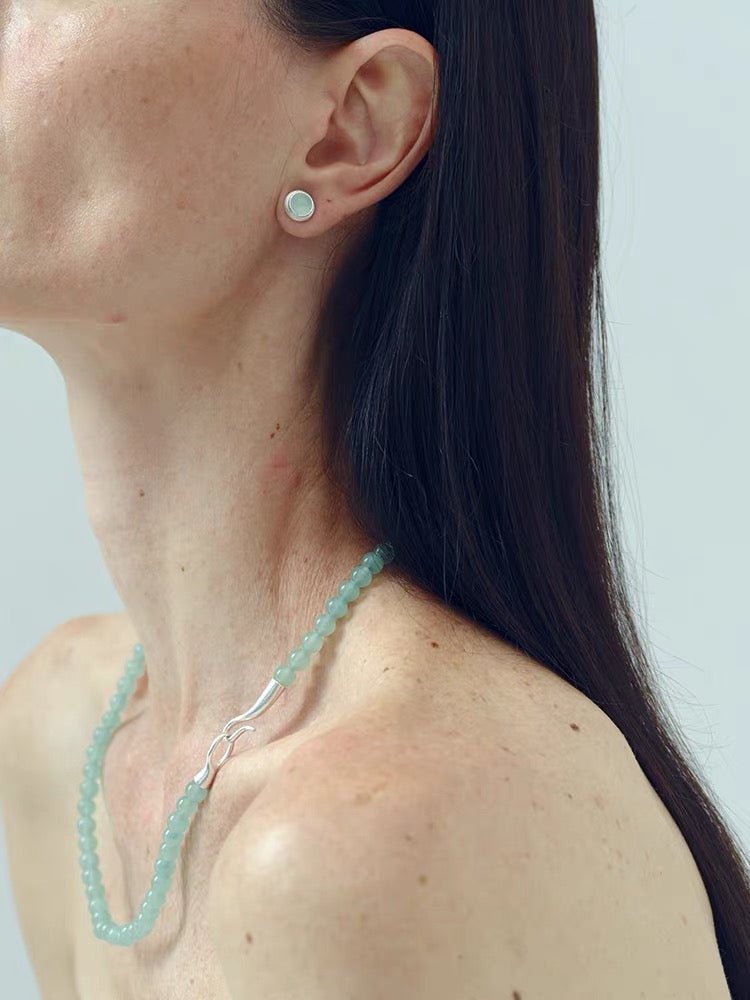 Green Aventurine Brushed Silver Stud Earrings | Minimalist Vacation Jewelry - floysun