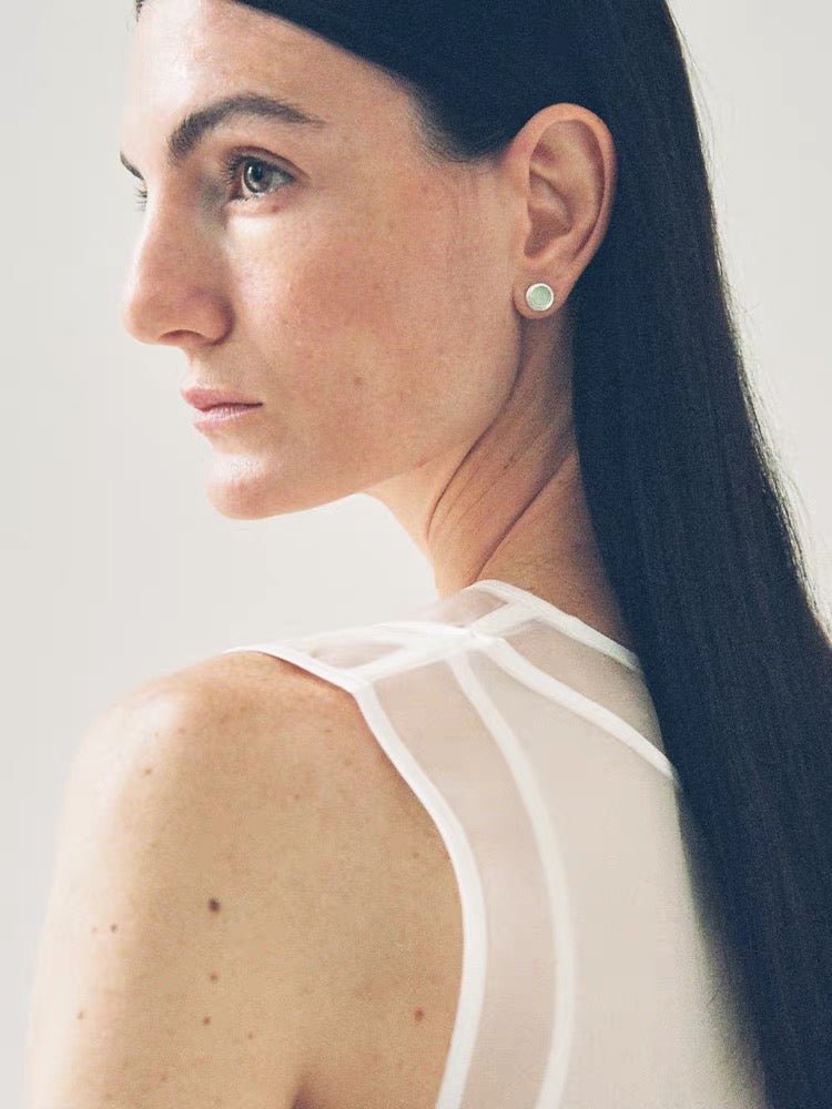 Green Aventurine Brushed Silver Stud Earrings | Minimalist Vacation Jewelry - floysun