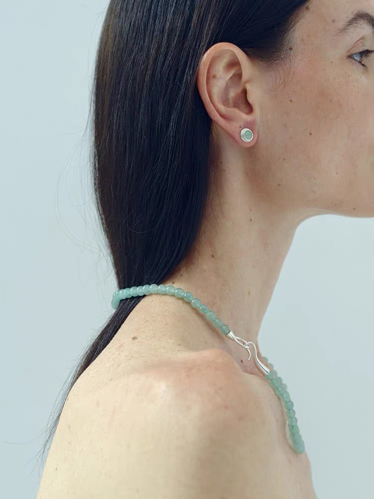 Green Aventurine Brushed Silver Stud Earrings | Minimalist Vacation Jewelry - floysun