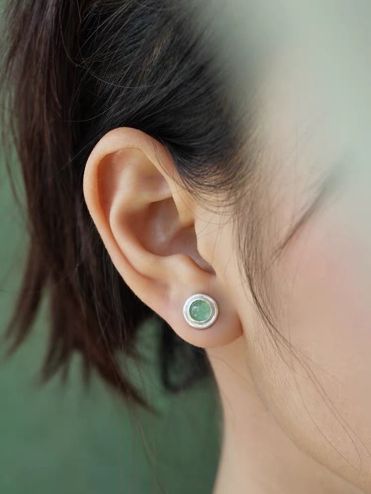 Green Aventurine Brushed Silver Stud Earrings | Minimalist Vacation Jewelry - floysun