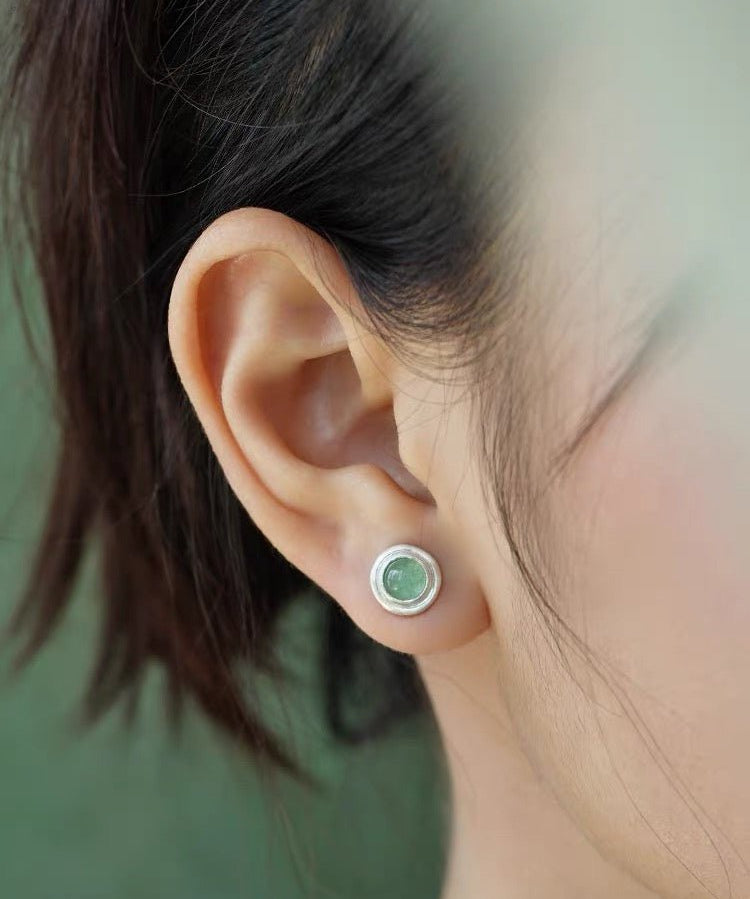 Green Aventurine Brushed Silver Stud Earrings | Minimalist Vacation Jewelry - floysun