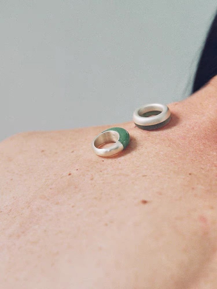 Green Aventurine Dome Ring | Artisan Brushed Silver Statement Ring - floysun