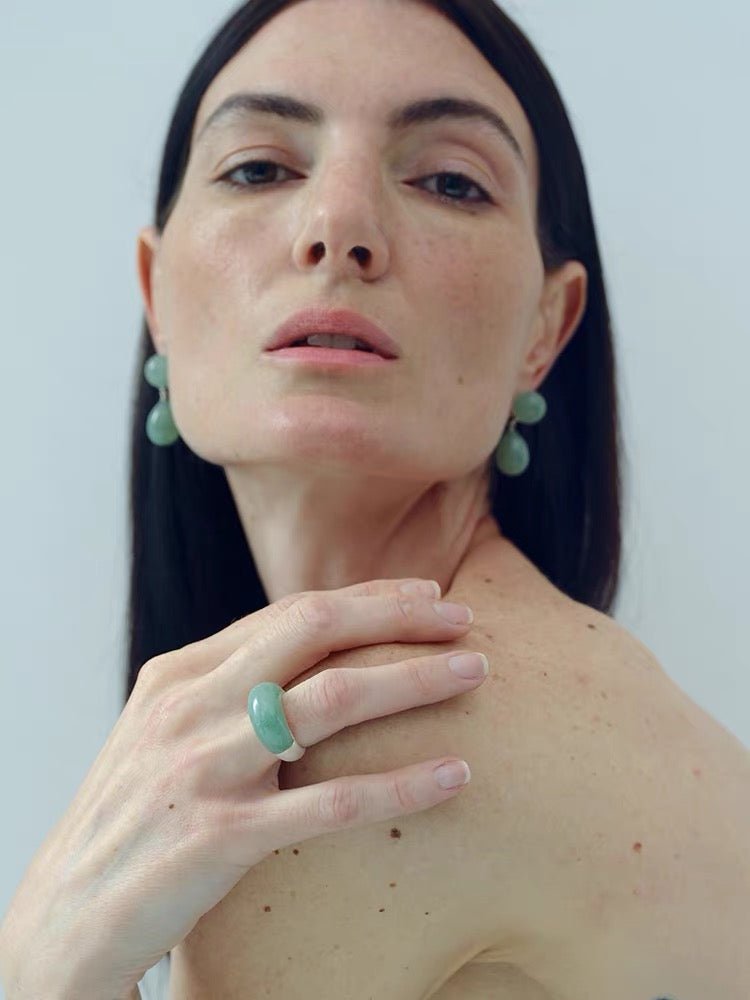 Green Aventurine Dome Ring | Artisan Brushed Silver Statement Ring - floysun