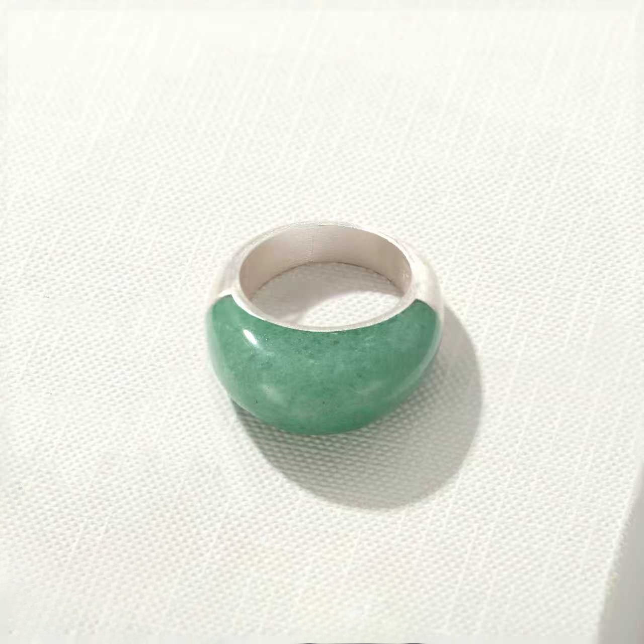 Green Aventurine Dome Ring | Artisan Brushed Silver Statement Ring - floysun