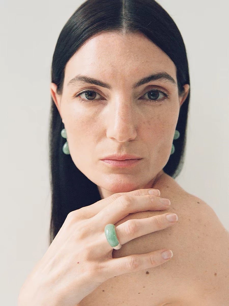 Green Aventurine Dome Ring | Artisan Brushed Silver Statement Ring - floysun