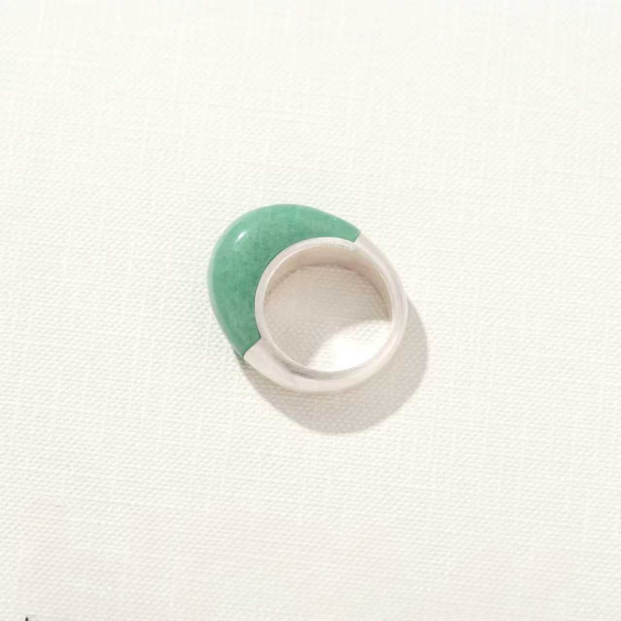 Green Aventurine Dome Ring | Artisan Brushed Silver Statement Ring - floysun