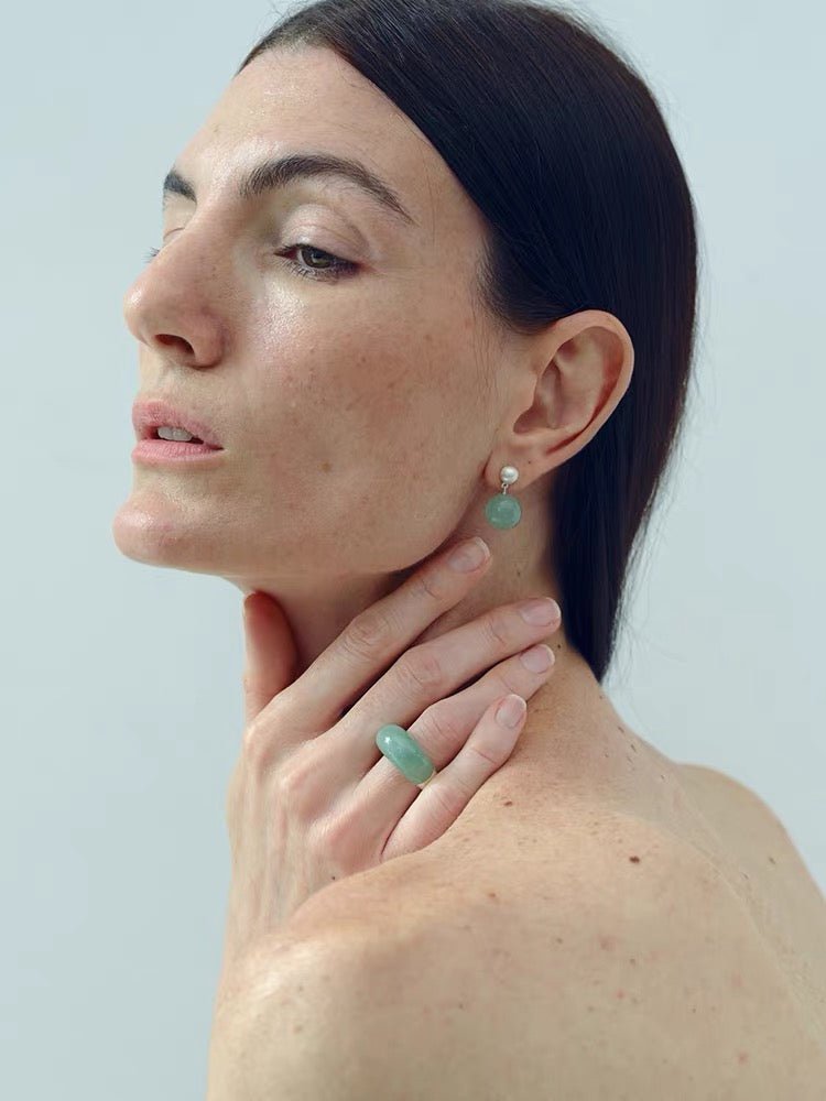 Green Aventurine Dome Ring | Artisan Brushed Silver Statement Ring - floysun