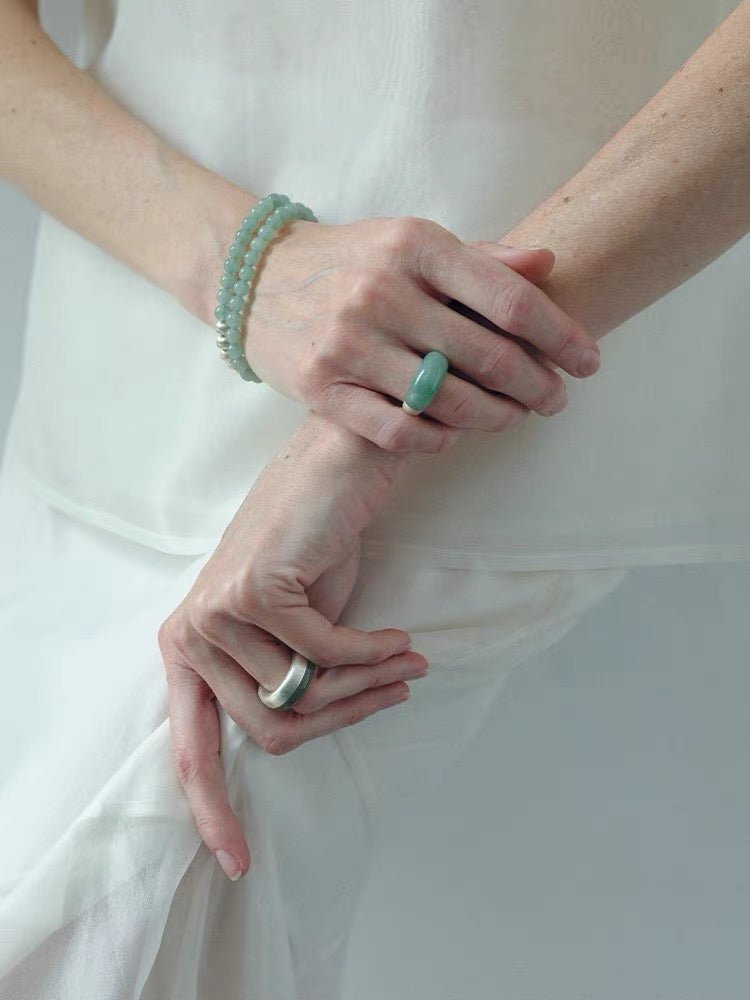 Green Aventurine Dome Ring | Artisan Brushed Silver Statement Ring - floysun