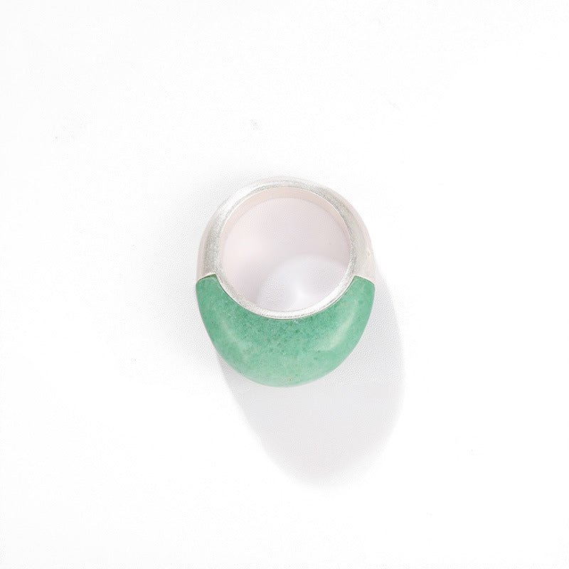 Green Aventurine Dome Ring | Artisan Brushed Silver Statement Ring - floysun