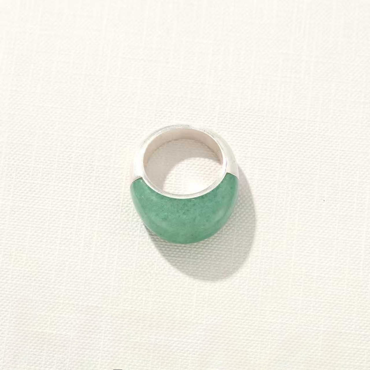 Green Aventurine Dome Ring | Artisan Brushed Silver Statement Ring - floysun
