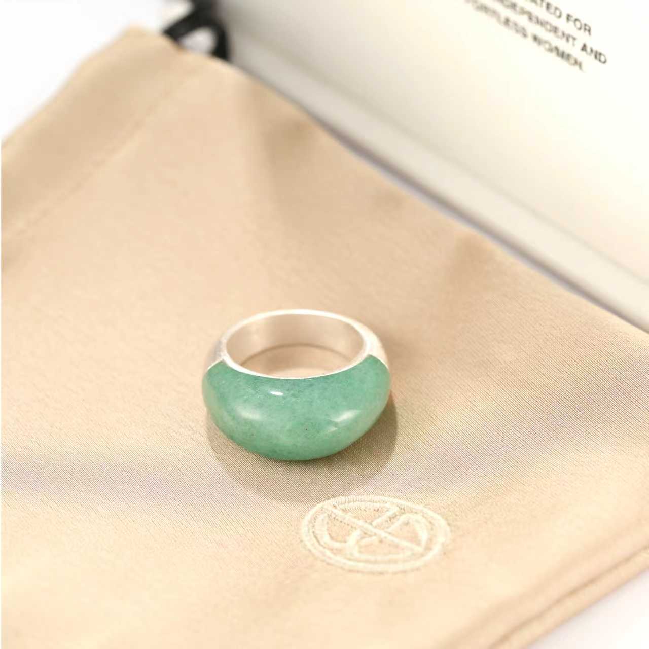 Green Aventurine Dome Ring | Artisan Brushed Silver Statement Ring - floysun