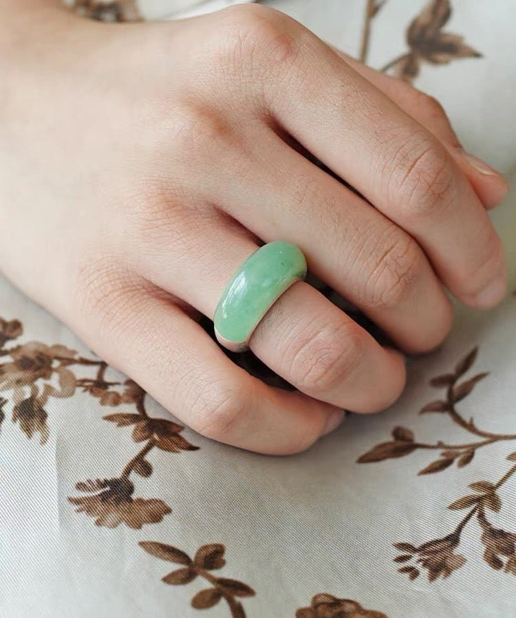 Green Aventurine Dome Ring | Artisan Brushed Silver Statement Ring - floysun