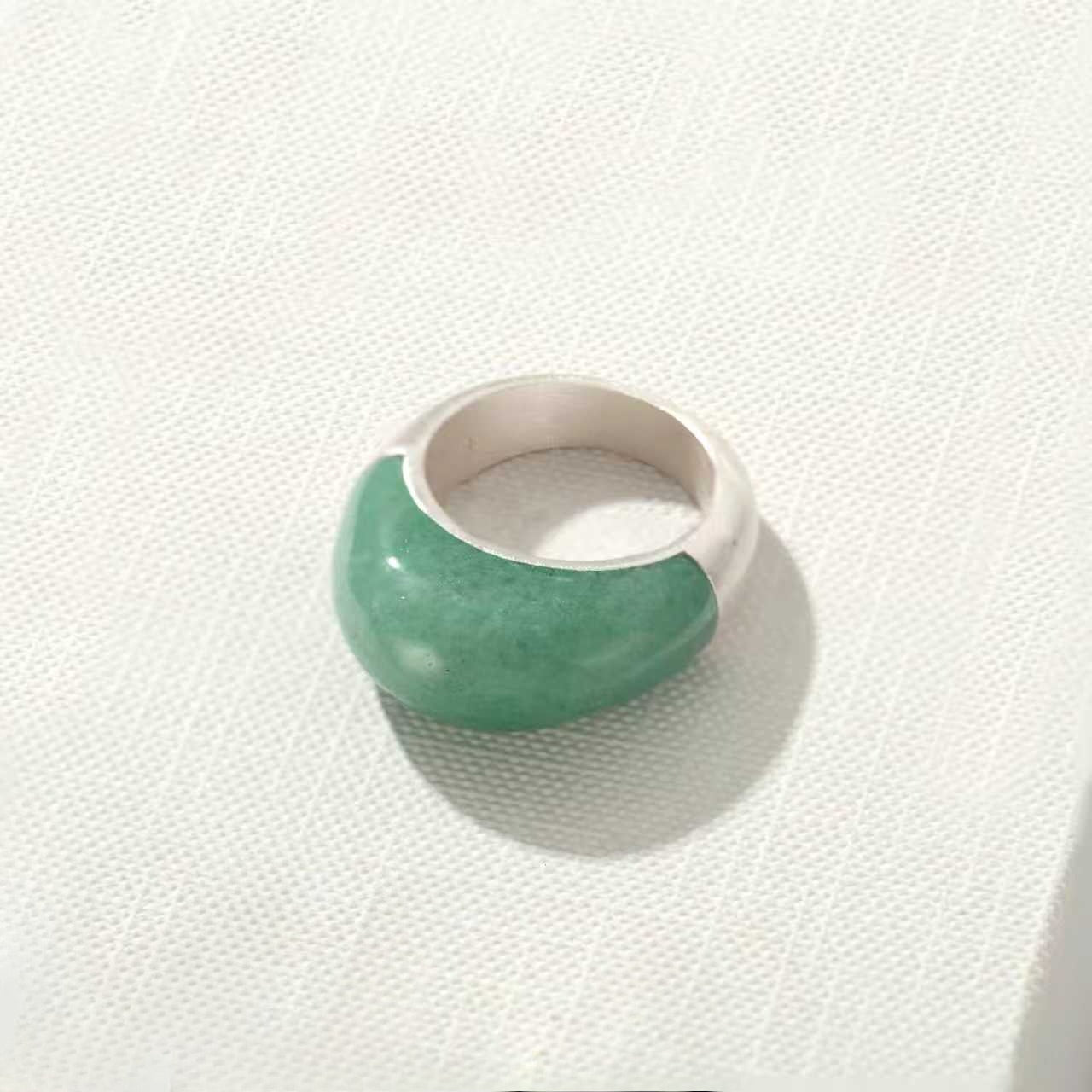 Green Aventurine Dome Ring | Artisan Brushed Silver Statement Ring - floysun