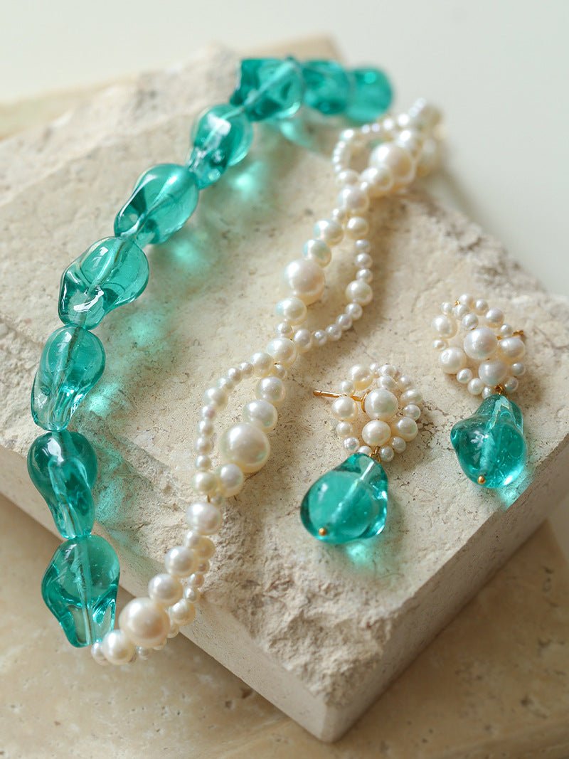 Green Baroque Glass & Pearl Woven Earrings - floysun