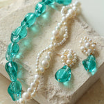 Green Baroque Glass & Pearl Woven Earrings - floysun