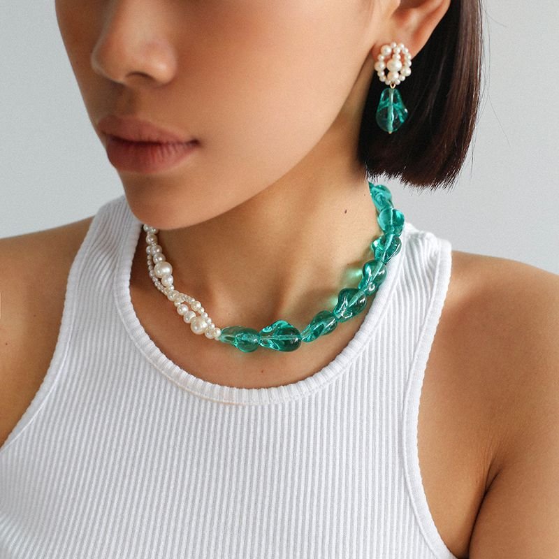 Green Baroque Glass & Pearl Woven Earrings - floysun